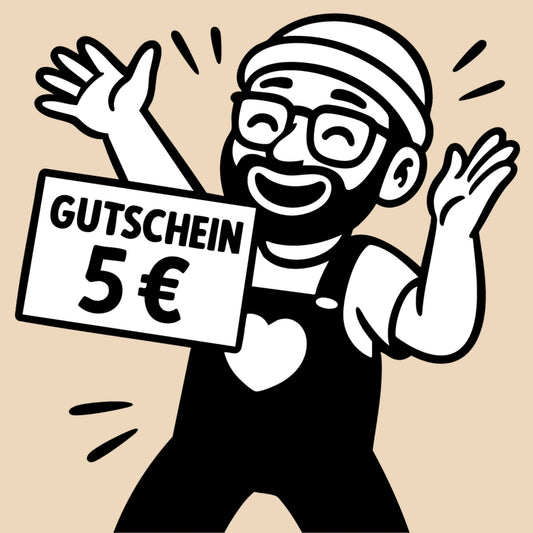 Illustration eines lachenden Mannes mit Schild „Gutschein 5 €“ – digitaler Wertgutschein von Allgäuer Holztiere für handgefertigtes, nachhaltiges Holzspielzeug aus dem Allgäu.