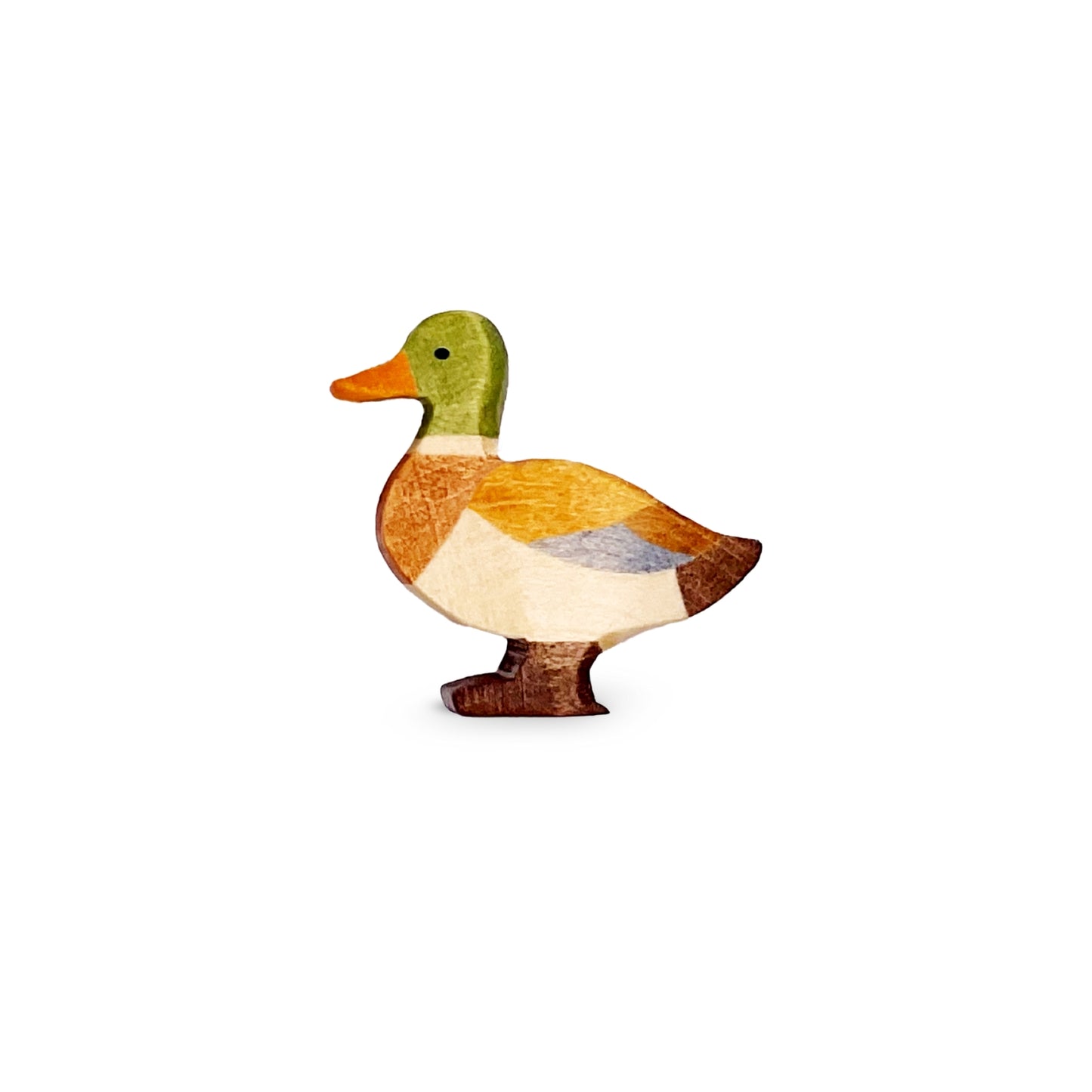 Handgefertigte Ente Erpel von Allgäuer Holztiere, grün, orange hellbraun, dunkelbraun und blau  bemalt mit pflanzlichen Farben, stehend in natürlicher Umgebung am Wasser oder Ufer, aus bayerischem Ahornholz gefertigt, nachhaltig produziert im Allgäu und für Kinder ab 3 Jahren geeignet.