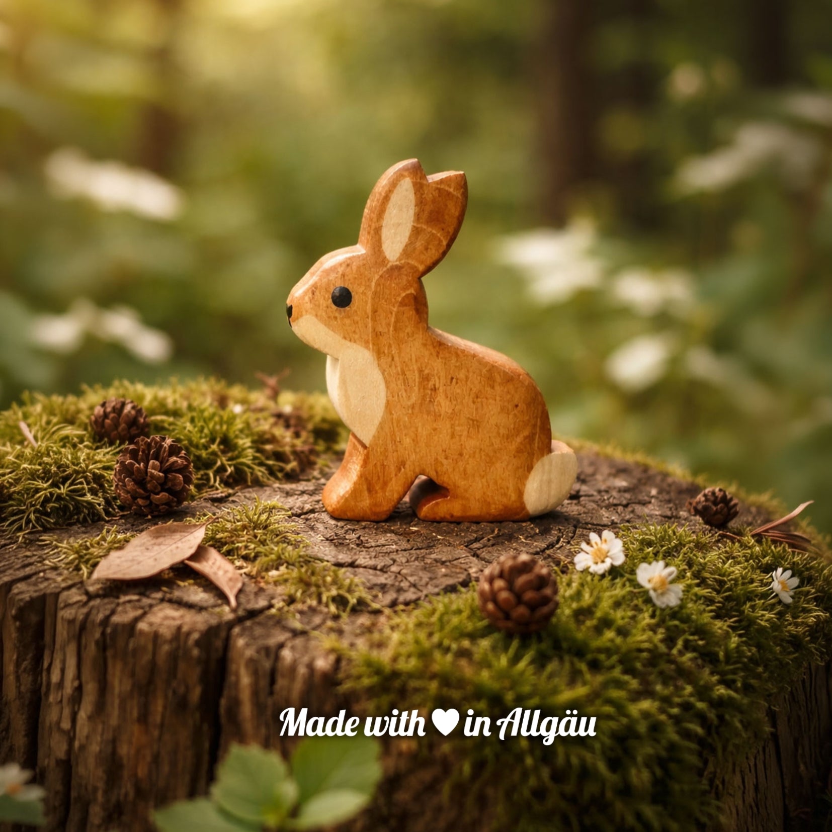 Handgefertigtes Holzspielzeug Feldhase  Baby von Allgäuer Holztiere, auf einem moosbedeckten Baumstumpf im Wald, umgeben von Tannenzapfen und kleinen weißen Blumen sitzend, im Hintergrund unscharfe Natur, aus bayerischem Ahornholz gefertigt, mit pflanzlichen Farben braun und schwarz bemalt, nachhaltig im Allgäu produziert und für Kinder ab 3 Jahren geeignet.